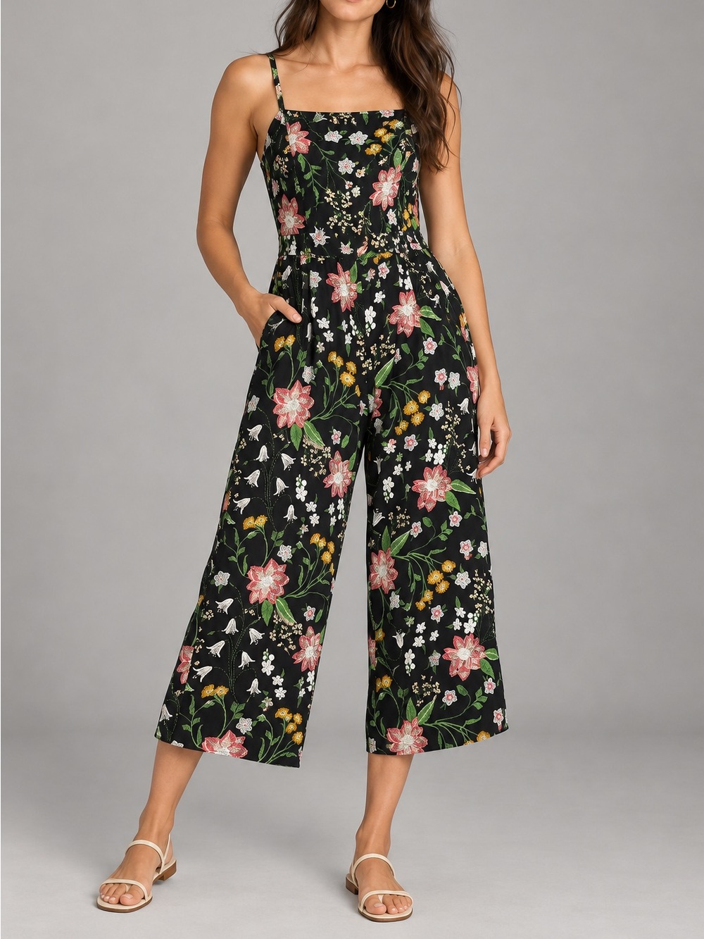 Old Navy Floral Cami Culotte Jumpsuit Women Black Multicolor XL Tall Cottagecore
